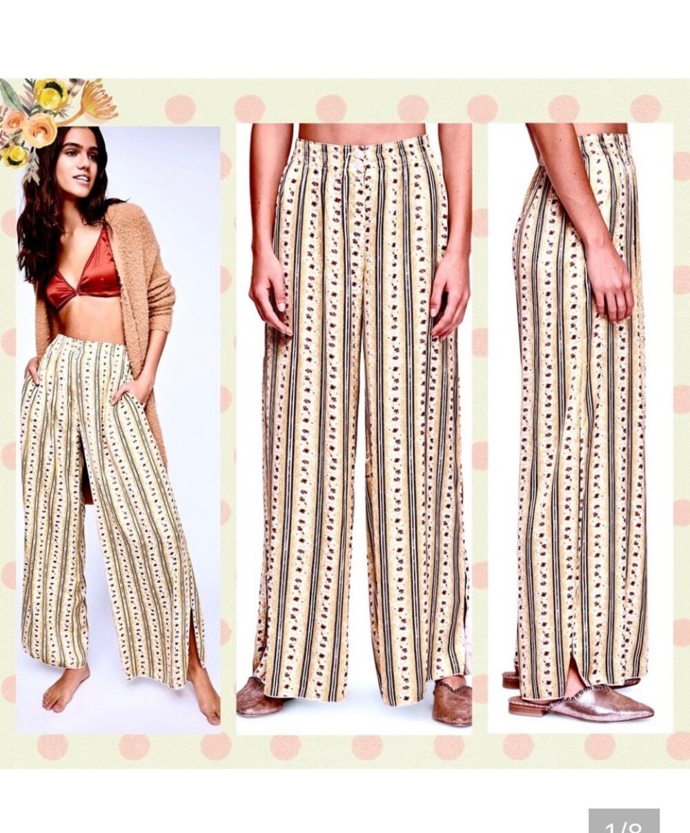 Free People Take Your Tie Off Pants Neutral Combo (Yellow/Floral Print) size med